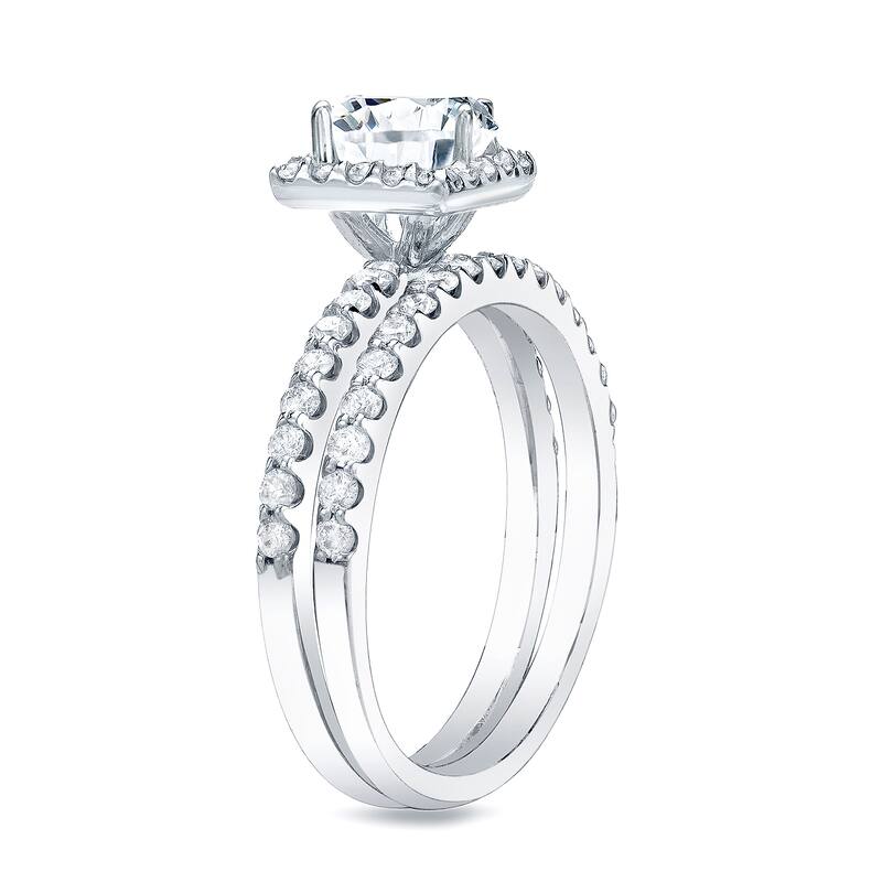 Auriya 14k Gold 1 1/4 carat TW Princess-cut Halo Diamond Engagement Ring Set - 4 - White