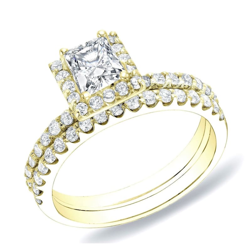 Auriya 14k Gold 1 1/4 carat TW Princess-cut Halo Diamond Engagement Ring Set - 4 - Yellow