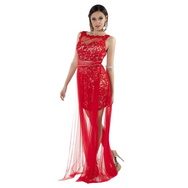 Daniella Couture Red High and Low Lace and Rhinestone Dress