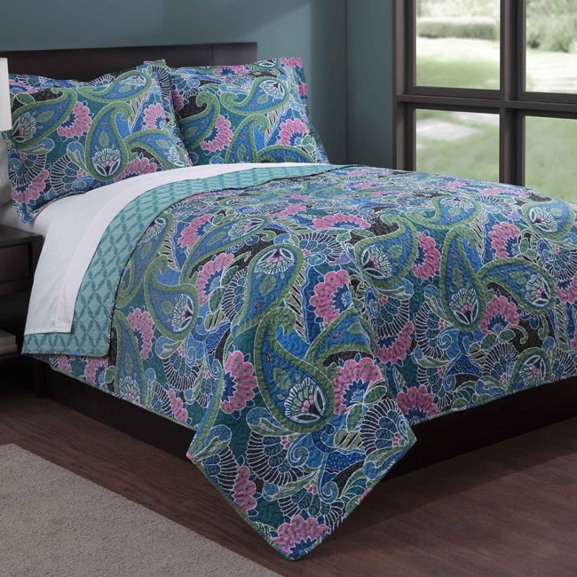 Teal Paisley 3 piece Quilt Set