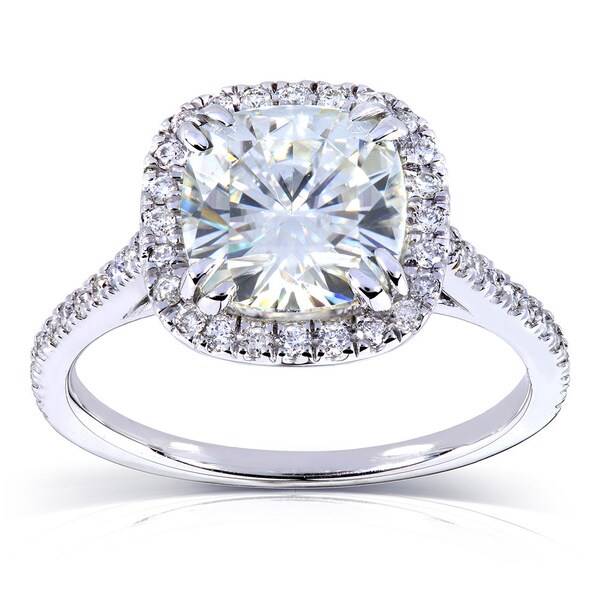 Annello by Kobelli 14k White Gold 2 1/4ct TGW Cushion Cut Moissanite (FG) and Diamond (GH) Halo Engagement Ring