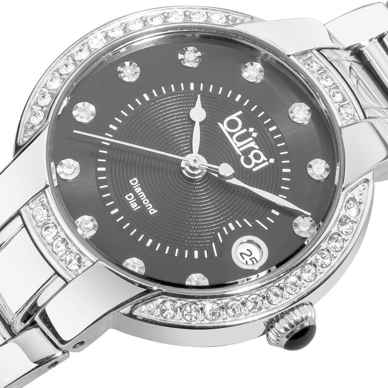 Burgi Women's Stainless Steel Diamond Date Silver-Tone Bracelet Watch