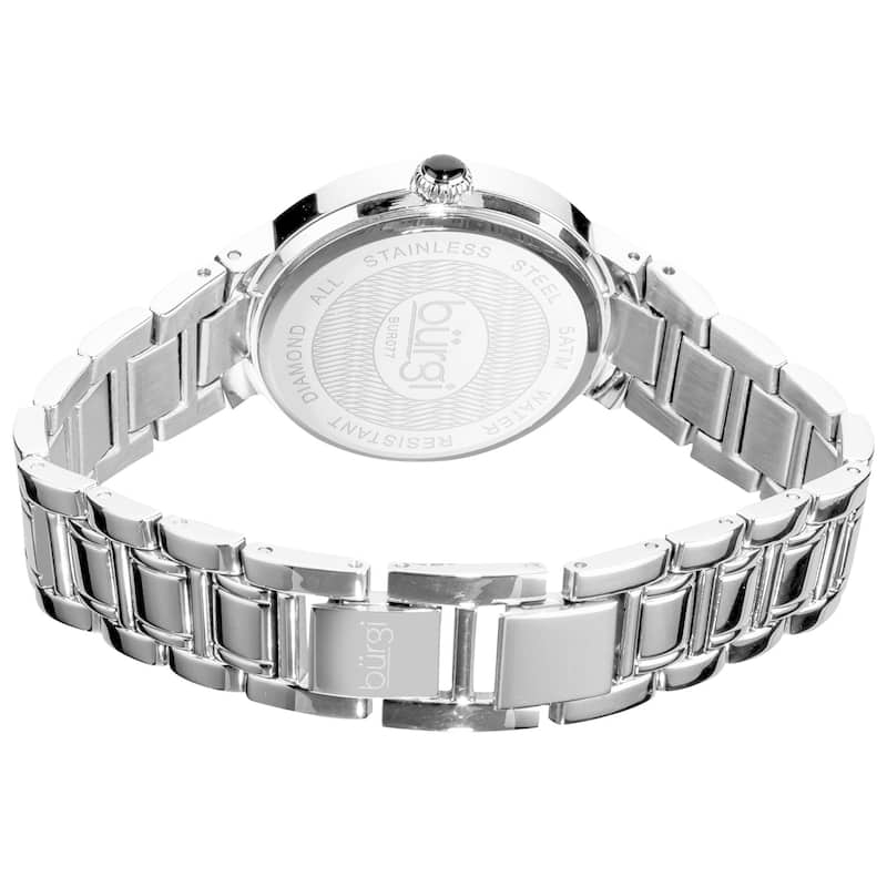 Burgi Women's Stainless Steel Diamond Date Silver-Tone Bracelet Watch