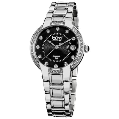 Burgi Women's Stainless Steel Diamond Date Silver-Tone Bracelet Watch