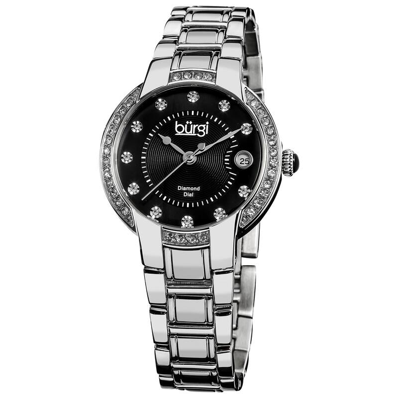 Burgi Women's Stainless Steel Diamond Date Silver-Tone Bracelet Watch
