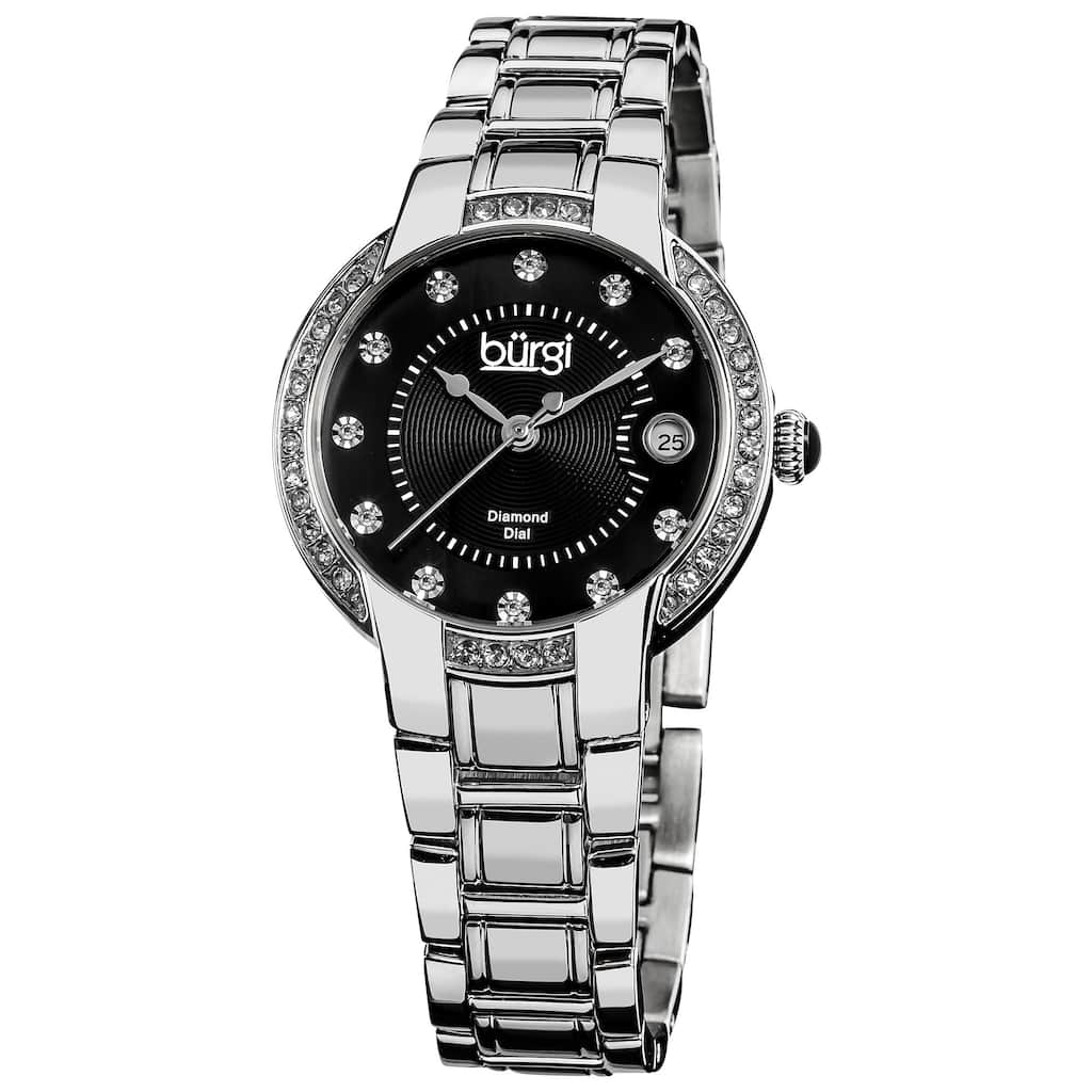 Burgi Women's Stainless Steel Diamond Date Silver-Tone Bracelet Watch