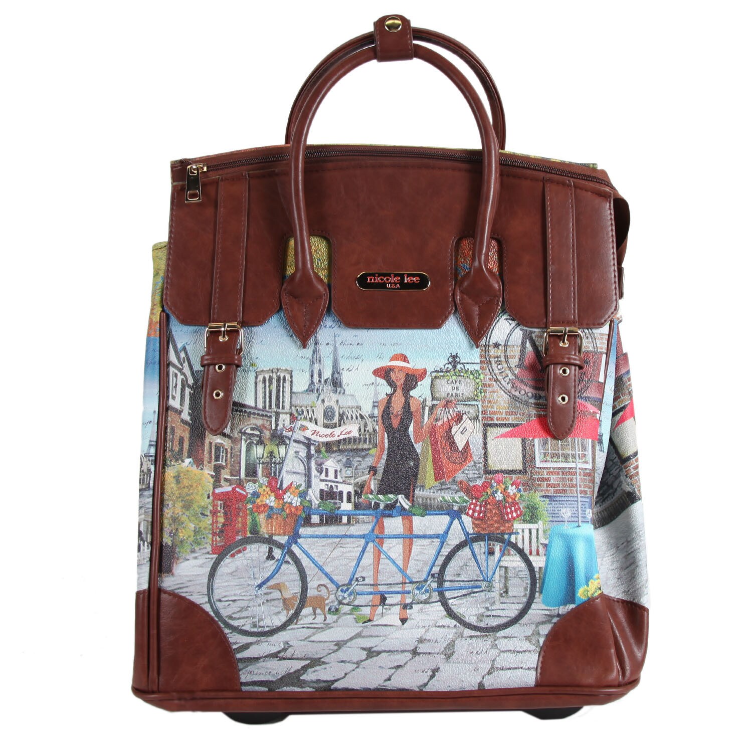 Nicole Lee Rolling Business Tote Special Bicylce Print Edition (Special edition bicycle printWeight 6.3 poundsPockets One (1) interior pocketCarrying strap 4 inch handle dropPadded laptop compartment with hook and loop strapHandle Faux leather handles