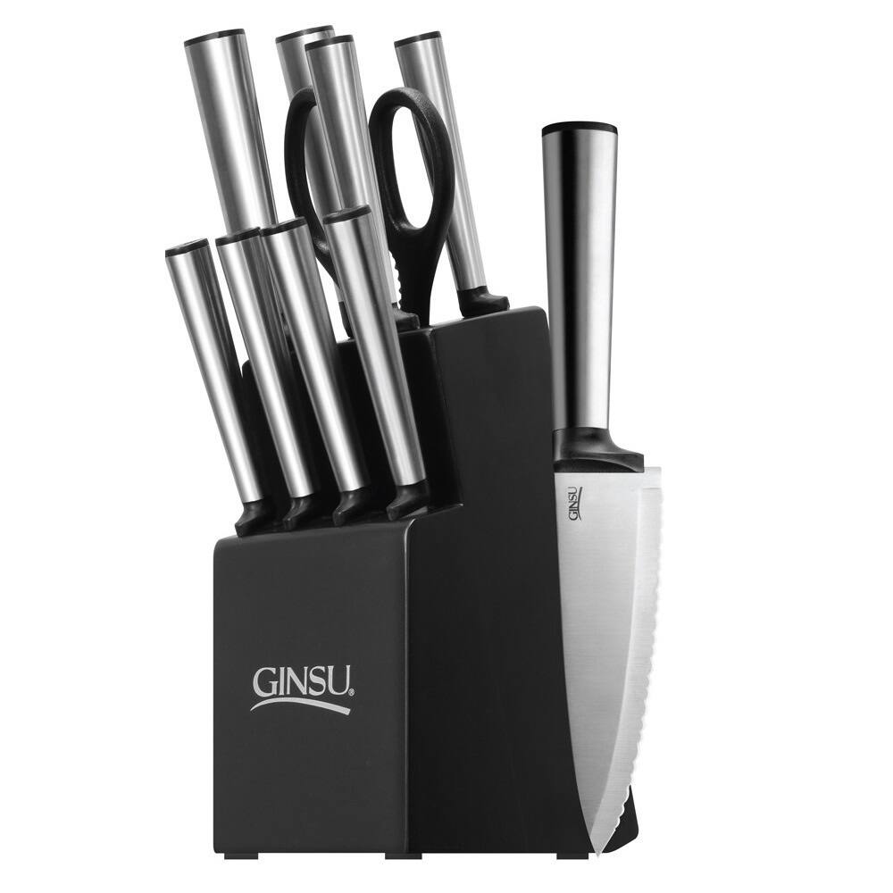 Ginsu Koden Series 10Pc Stainless Steel Serrated Knife Set – Cutlery Set w/ Stainless Steel Kitchen Knives, Black Block