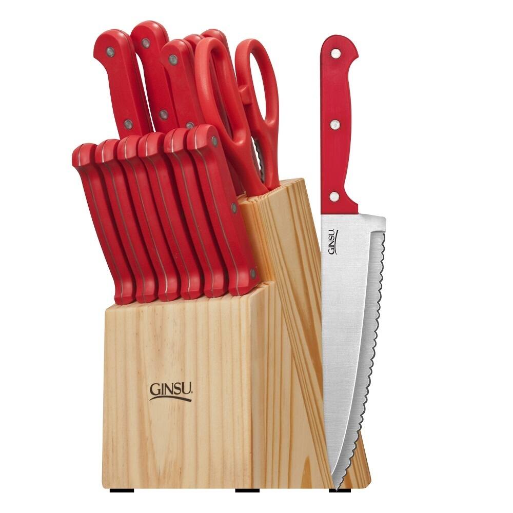 Ginsu Essential Series 14-Piece Stainless Steel Serrated Knife Set - Cutlery Set with Red Kitchen Knives, Natural Block