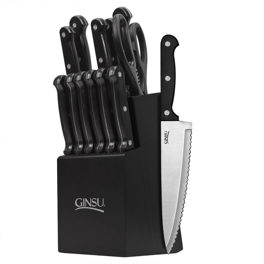 Ginsu Essential Series 14-Piece Stainless Steel Serrated Knife Set – Cutlery Set with Black Kitchen Knives, Black Block