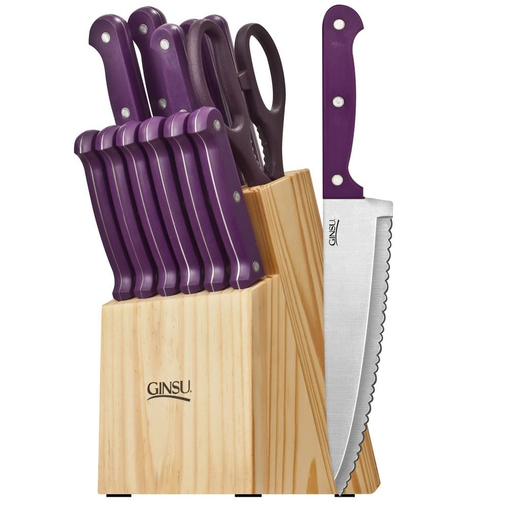 Ginsu Essential Series 14-Piece Stainless Steel Serrated Knife Set - Cutlery Set w/ Purple Kitchen Knives, Natural Block