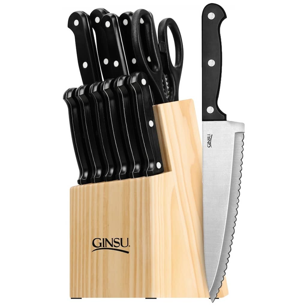Ginsu Essential Series 14-Piece Stainless Steel Serrated Knife Set – Cutlery Set w/ Black Kitchen Knives, Natural Block