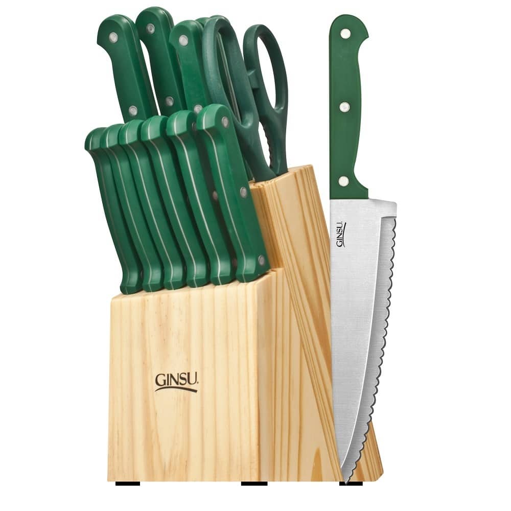 Ginsu Essential Series 14-Piece Stainless Steel Serrated Knife Set - Cutlery Set w/ Green Kitchen Knives, Natural Block