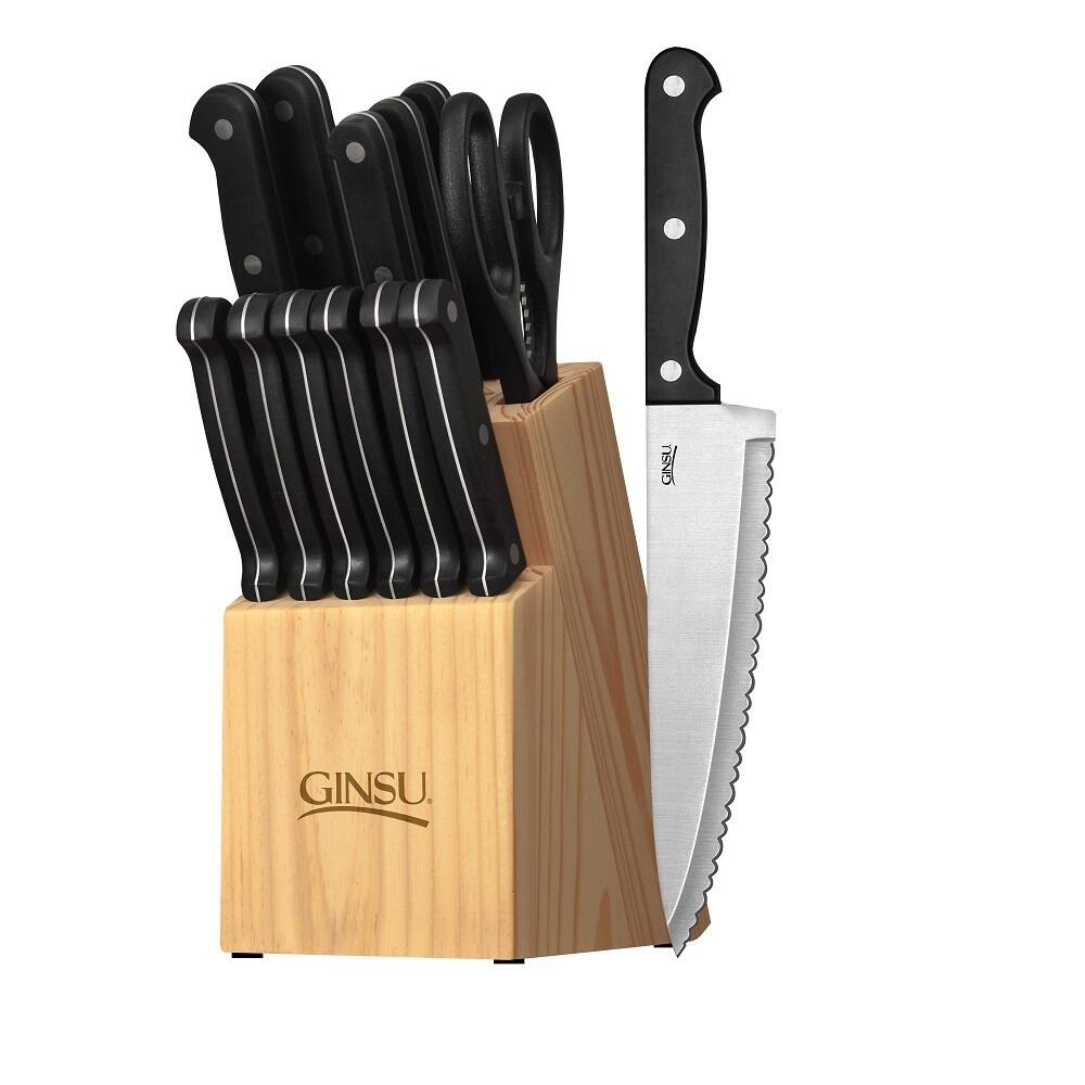 Ginsu Essential Series 14-piece Stainless Steel Serrated Knife Set Cutlery Set with Black Kitchen Knives in a Natural Block