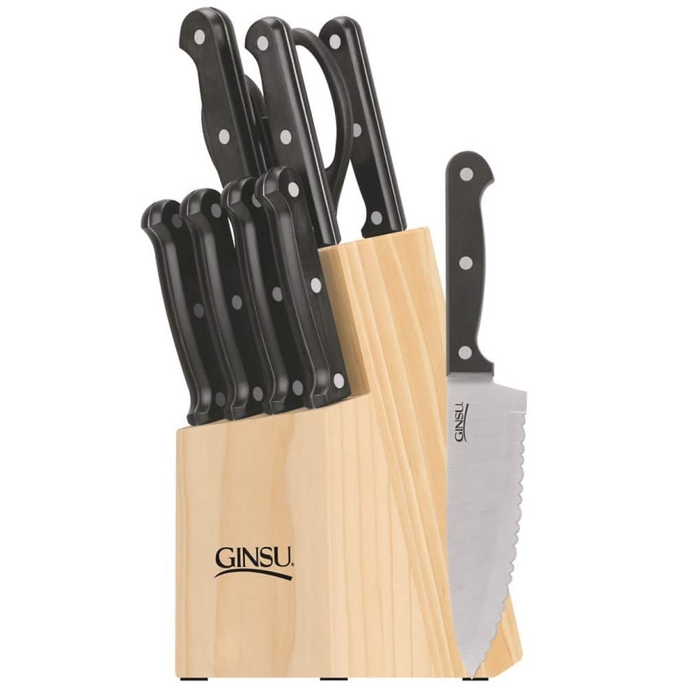 Ginsu Essential Series 10-Piece Stainless Steel Serrated Knife Set - Cutlery Set w/ Black Kitchen Knives, Natural Block