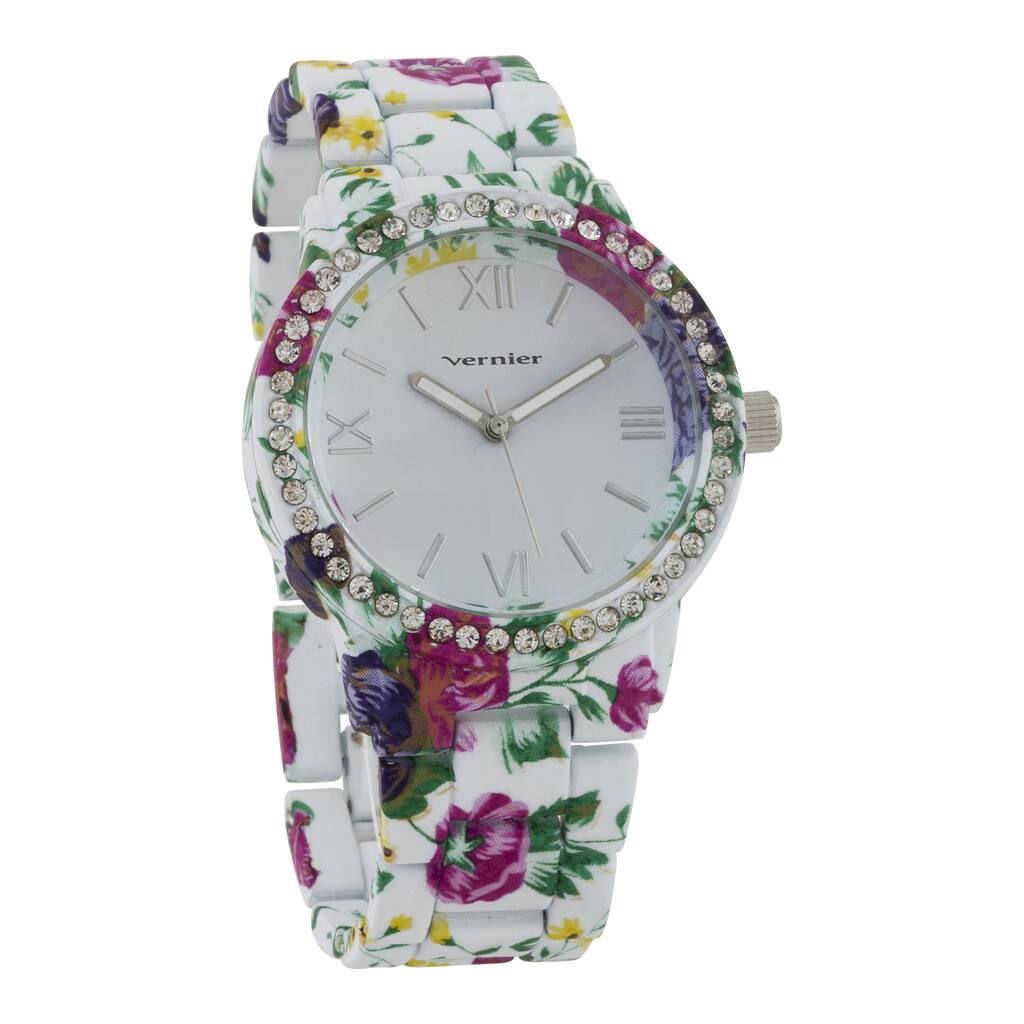 Vernier Women's Soft Touch All Over Floral Pattern Stone Bezel Watch