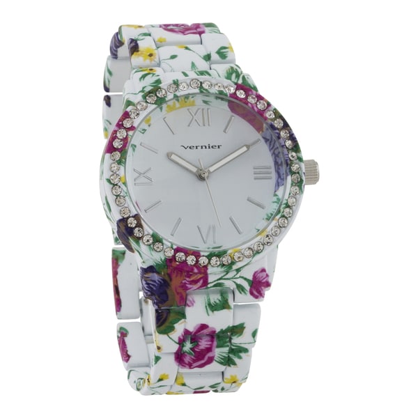 Vernier Womens Soft Touch All Over Floral Pattern Stone Bezel Watch