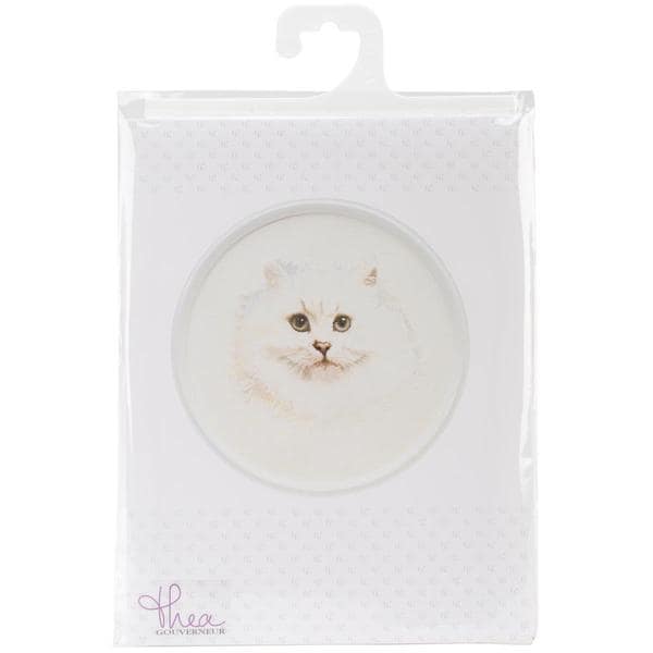 White Persian Cat On Linen Counted Cross Stitch Kit   16 1/2 Round 32