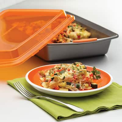 Rachael Ray Nonstick Bakeware 9 x 13-inch Grey with Orange Lid and Handles Covered Cake Pan