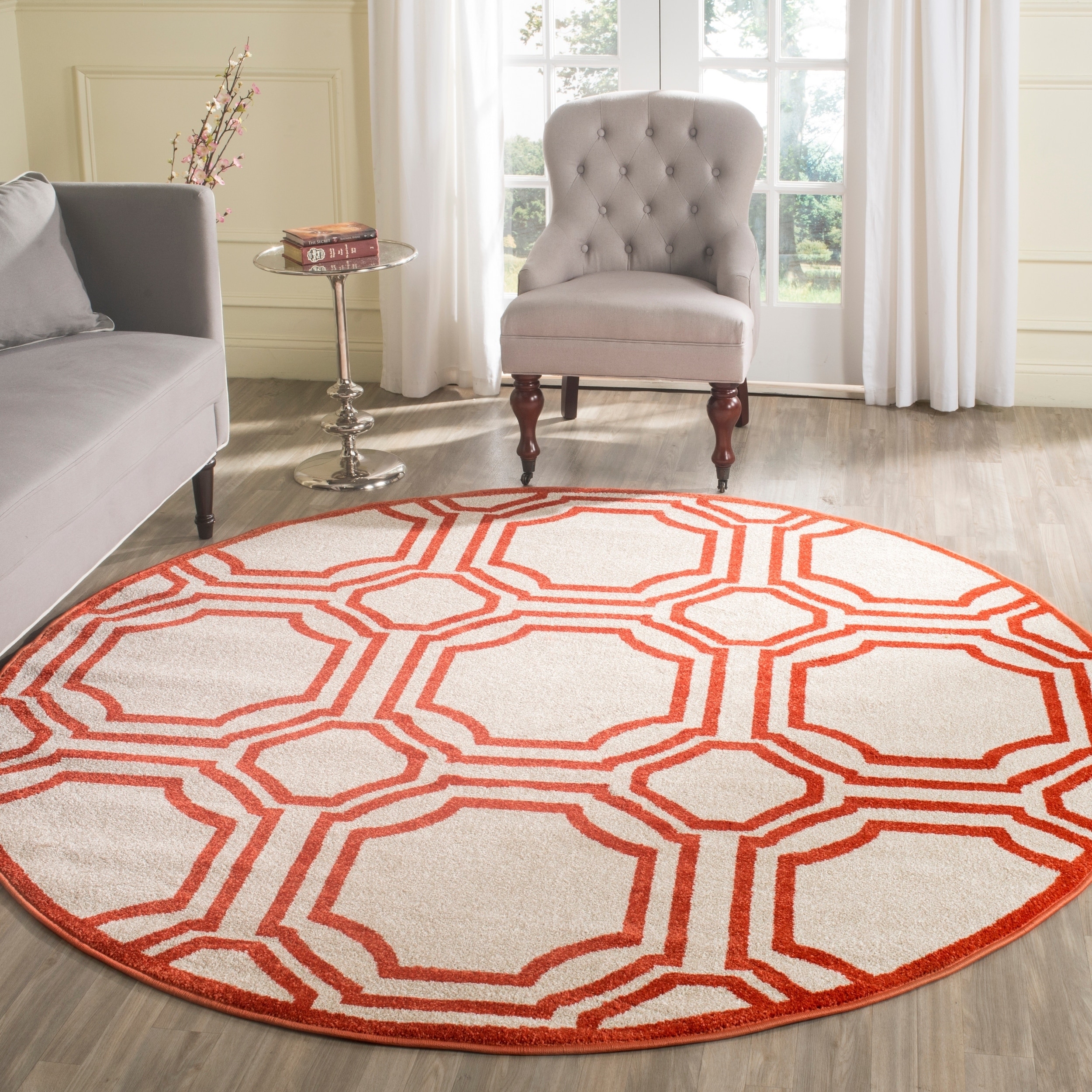 Safavieh Amherst Indoor/ Outdoor Ivory/ Orange Rug (7 Round)