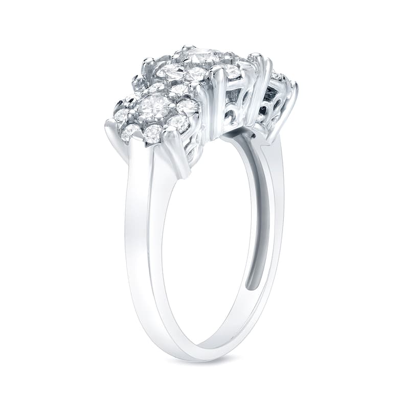 14k Gold Vintage Inspired 1ct TDW Three-Stone Diamond Halo Engagement Ring by Auriya