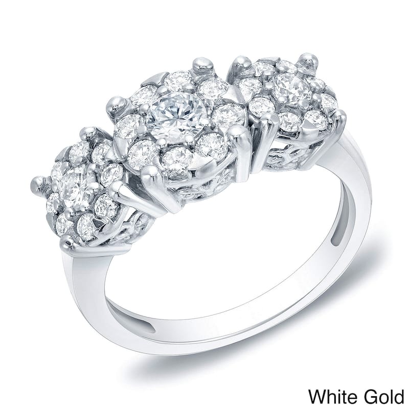 14k Gold Vintage Inspired 1ct TDW Three-Stone Diamond Halo Engagement Ring by Auriya - 4 - White