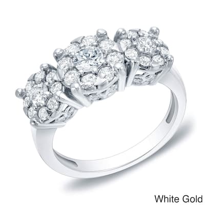14k Gold Vintage Inspired 1ct TDW Three-Stone Diamond Halo Engagement Ring by Auriya