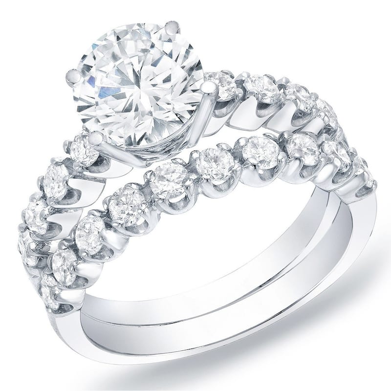 Auriya 14k Gold 2 carat TW Classic Side-stone Round Diamond Engagement Ring Set - 4 - White