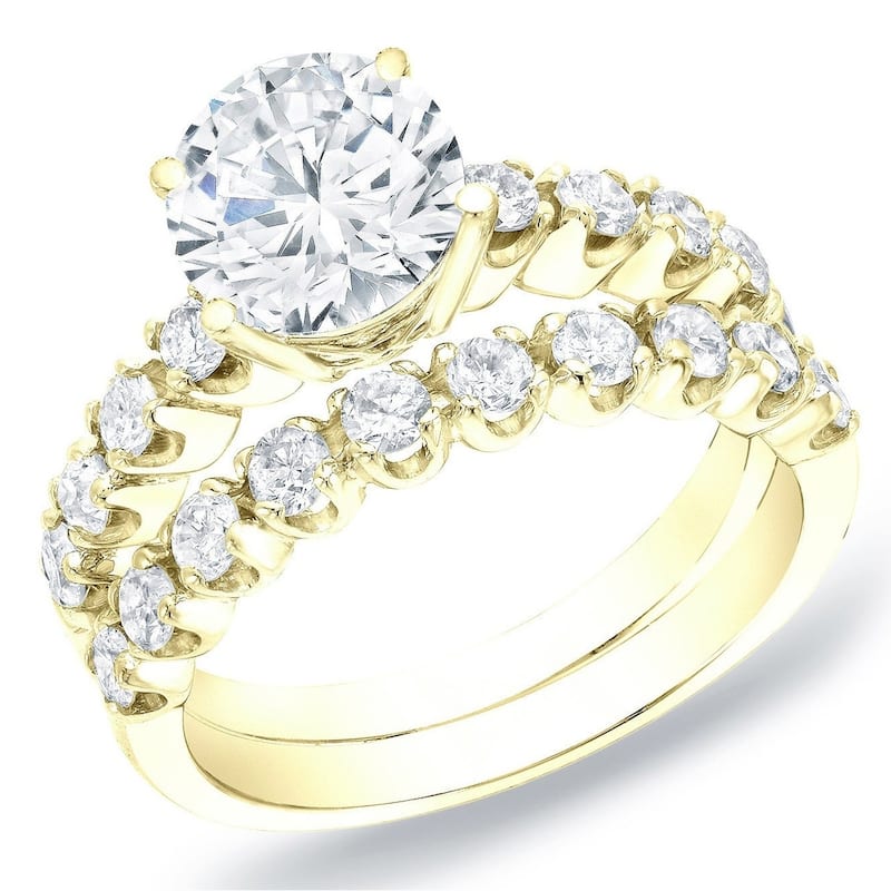 Auriya 14k Gold 2 carat TW Classic Side-stone Round Diamond Engagement Ring Set - 4 - Yellow