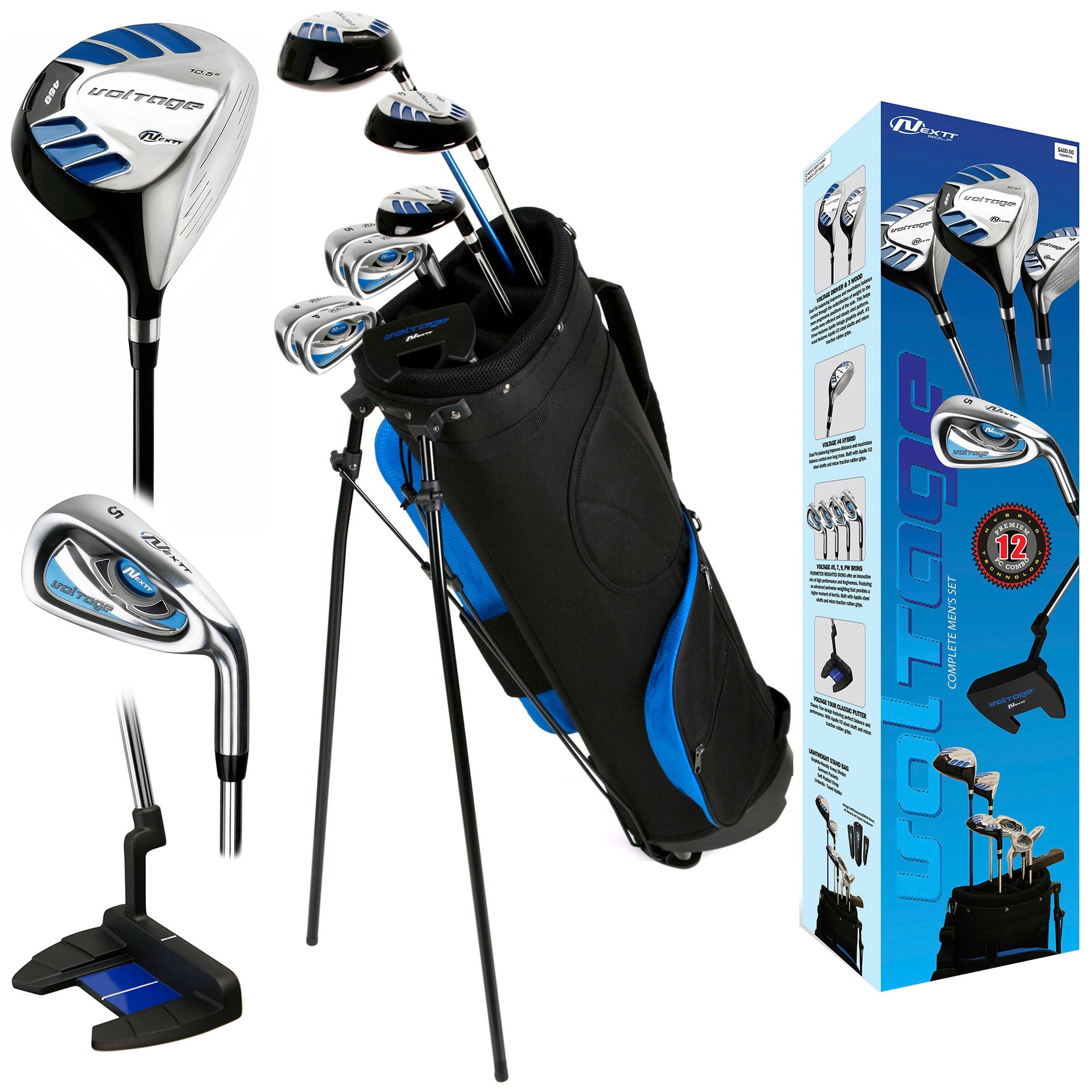 Nextt Golf Voltage 12 Piece Mens Right Hand Bag And Club Set (Blue Black SilverRight/left handed RightLoft degree varyShaft options Graphite/ SteelCover Custom x 4Materials Graphite / Steel / RubberWeight 15 poundsDimensions 13 inches high x 9 inch