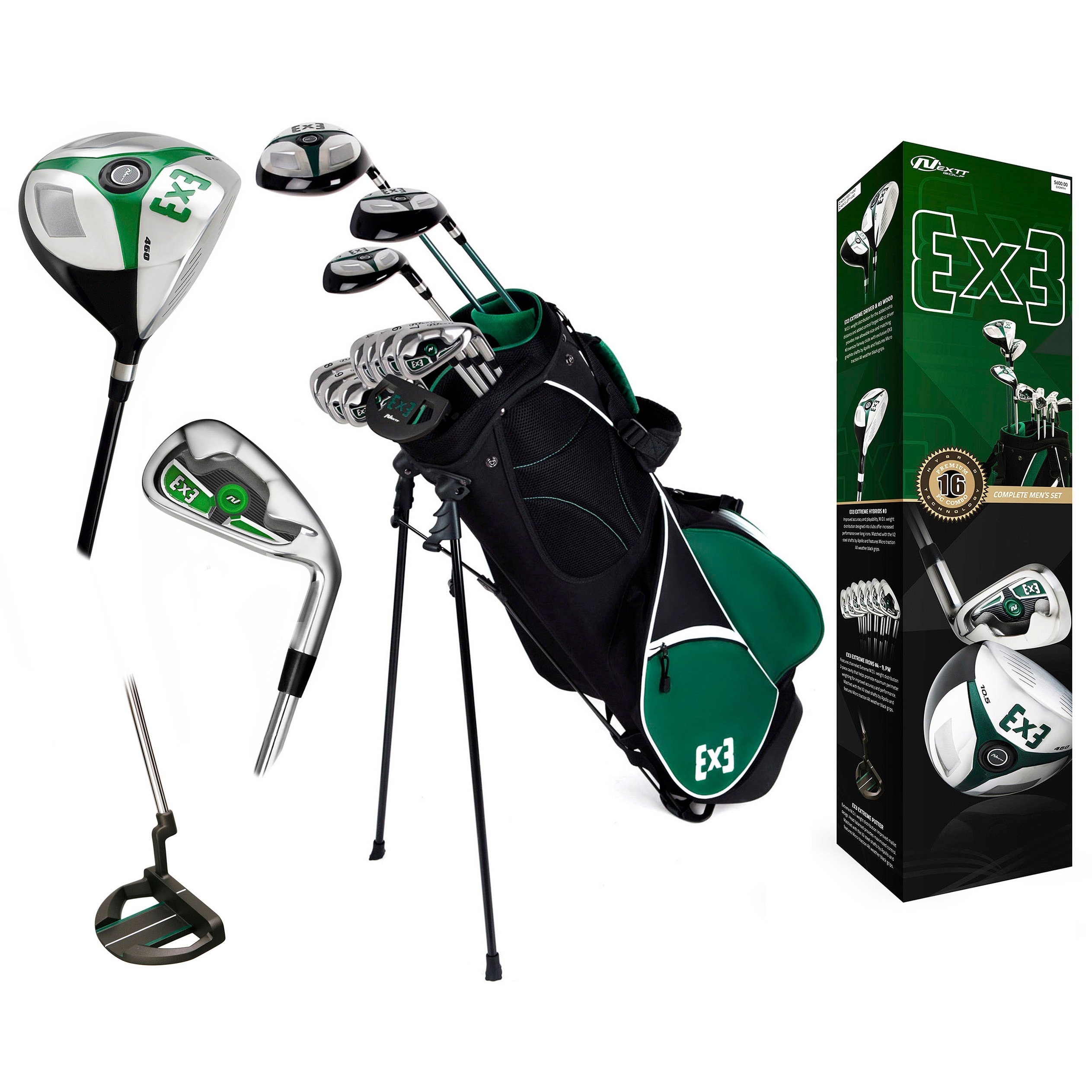 Nextt Golf Ex3 16 Piece Stainless Steel Mens Bag And Club Set (Green silver blackRight/left handed RightLoft degree varyShaft options Graphite/ SteelCover Custom x 4Materials Graphite / Steel / RubberWeight 20 poundsDimensions 13 inches high x 9 in