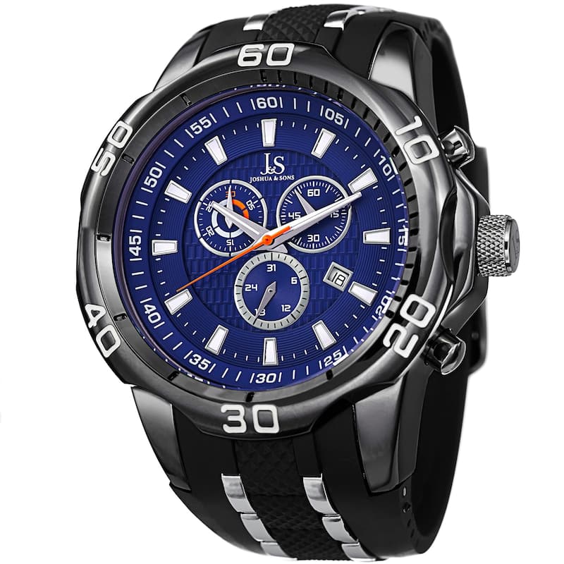 Joshua & Sons Bold Swiss Quartz Chronograph Date Silicone Strap Watch - Black / Blue / Silvertone