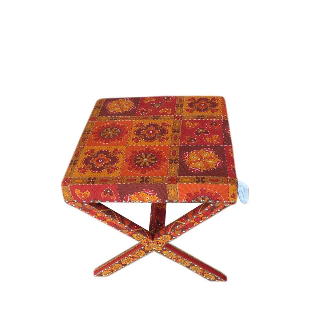Handmade Wooden Kilim Upholstered Footstool (India)