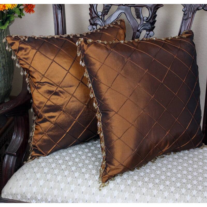 Blazing Needles 18-inch Beaded Satin Sheen Polyester Square Throw Pillows (Set of 2) - Brown