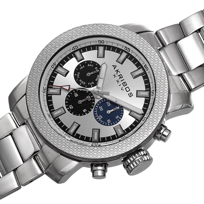 Akribos XXIV Men's Swiss Quartz Multifunction Stainless Steel Silver-Tone Bracelet Watch