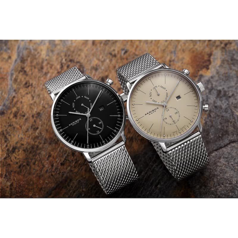 Akribos XXIV Men's Swiss Quartz Dual-time Stainless Steel Mesh Silver-Tone Strap Watch