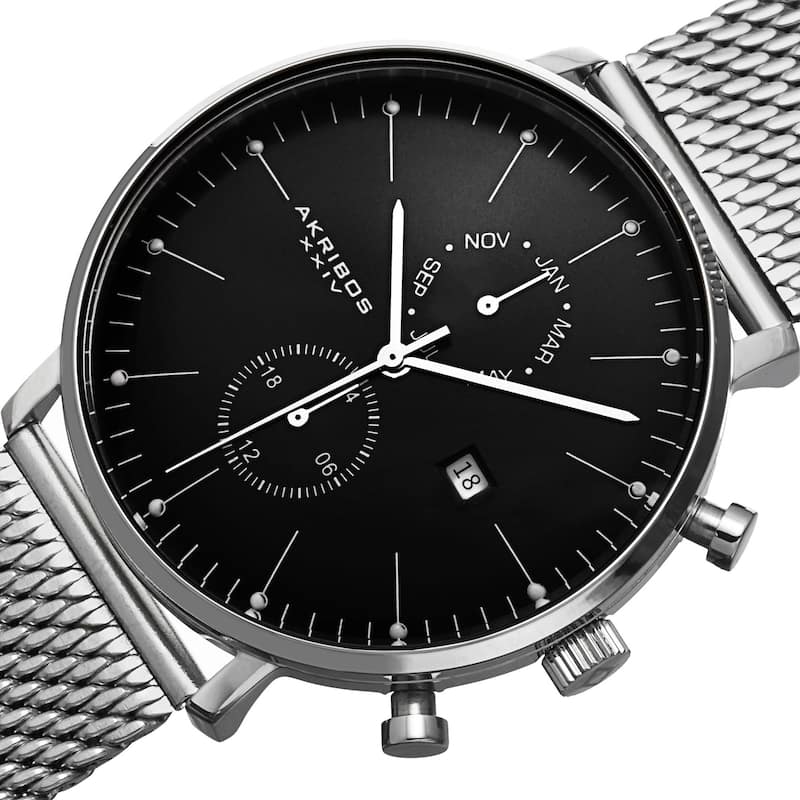 Akribos XXIV Men's Swiss Quartz Dual-time Stainless Steel Mesh Silver-Tone Strap Watch