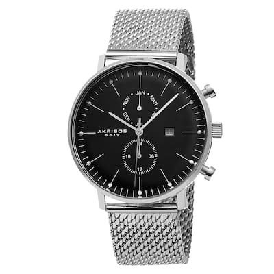 Akribos XXIV Men's Swiss Quartz Dual-time Stainless Steel Mesh Silver-Tone Strap Watch