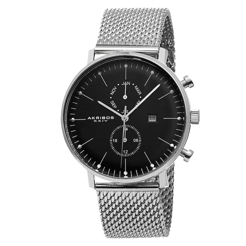 Akribos XXIV Men's Swiss Quartz Dual-time Stainless Steel Mesh Silver-Tone Strap Watch