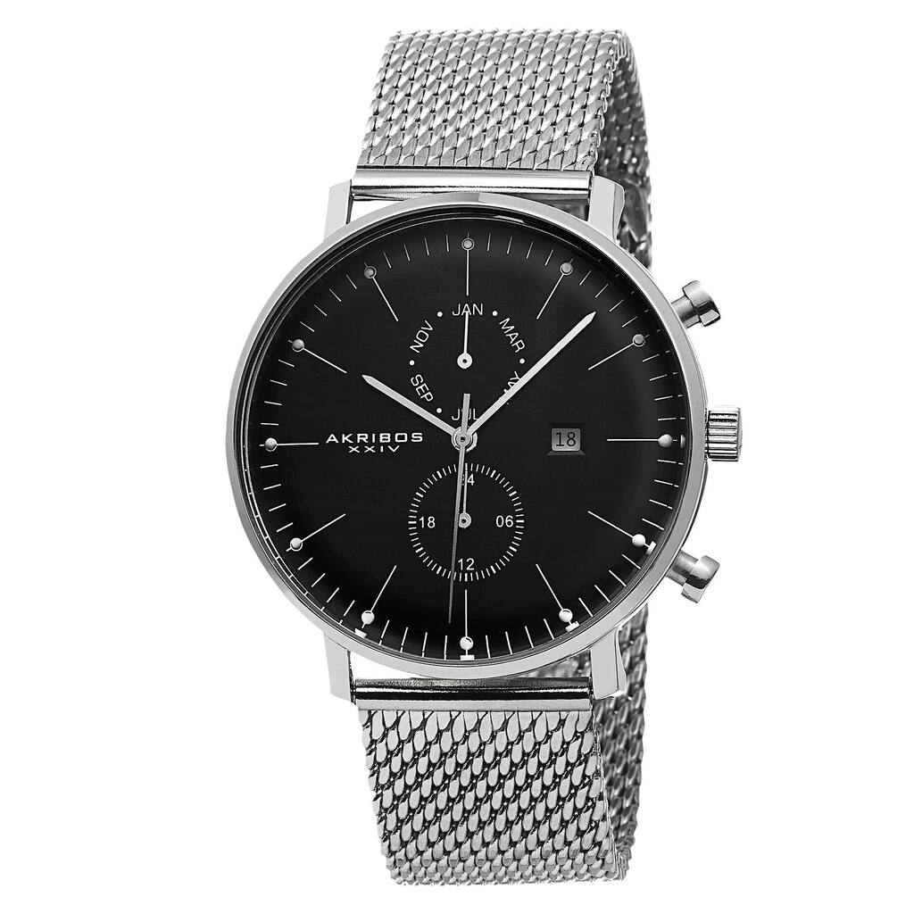 Akribos XXIV Men's Swiss Quartz Dual-time Stainless Steel Mesh Silver-Tone Strap Watch
