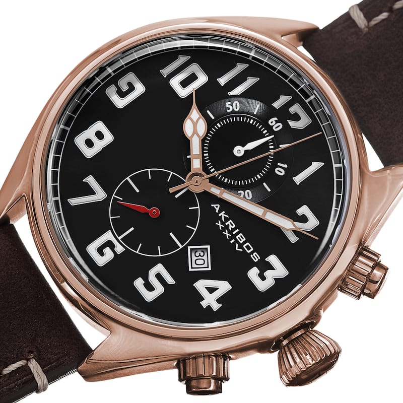 Akribos XXIV Men's Quartz Chronograph Leather Rose-Tone Strap Watch