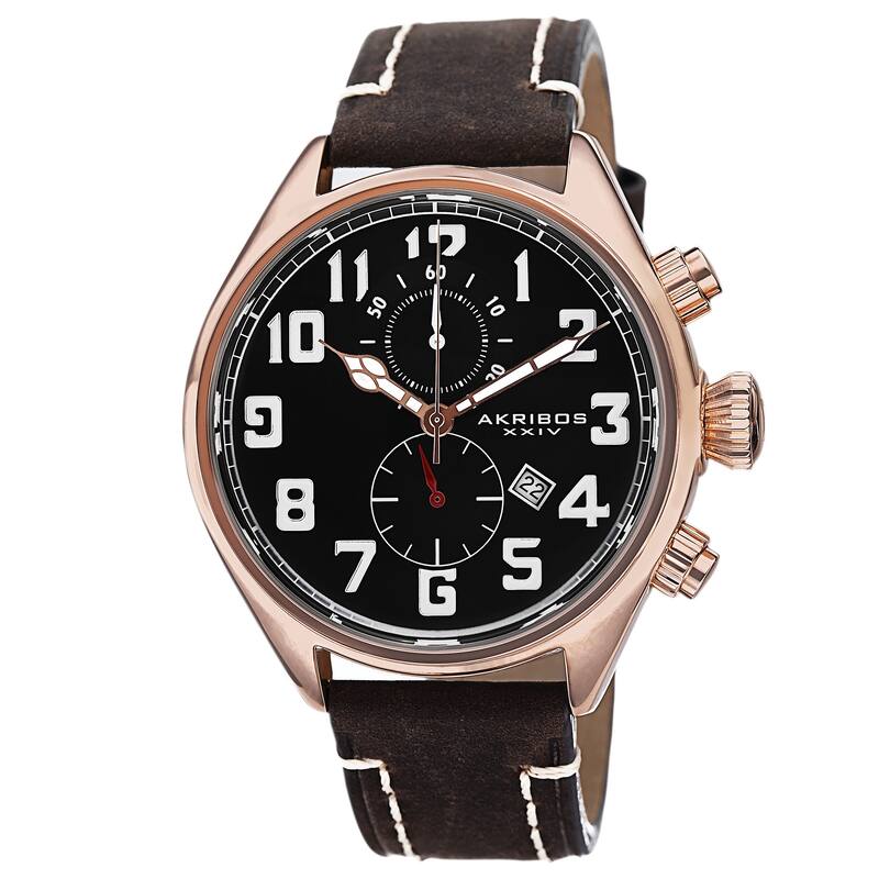 Akribos XXIV Men's Quartz Chronograph Leather Rose-Tone Strap Watch