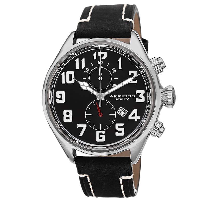 Akribos XXIV Men's Quartz Chronograph Leather Silver-Tone Strap Watch