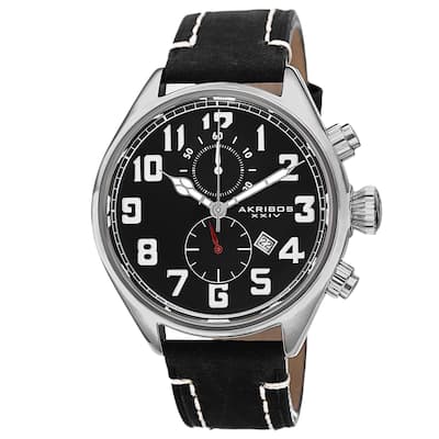 Akribos XXIV Men's Quartz Chronograph Leather Silver-Tone Strap Watch