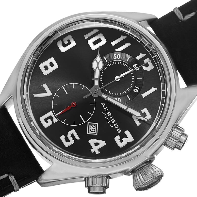 Akribos XXIV Men's Quartz Chronograph Leather Silver-Tone Strap Watch