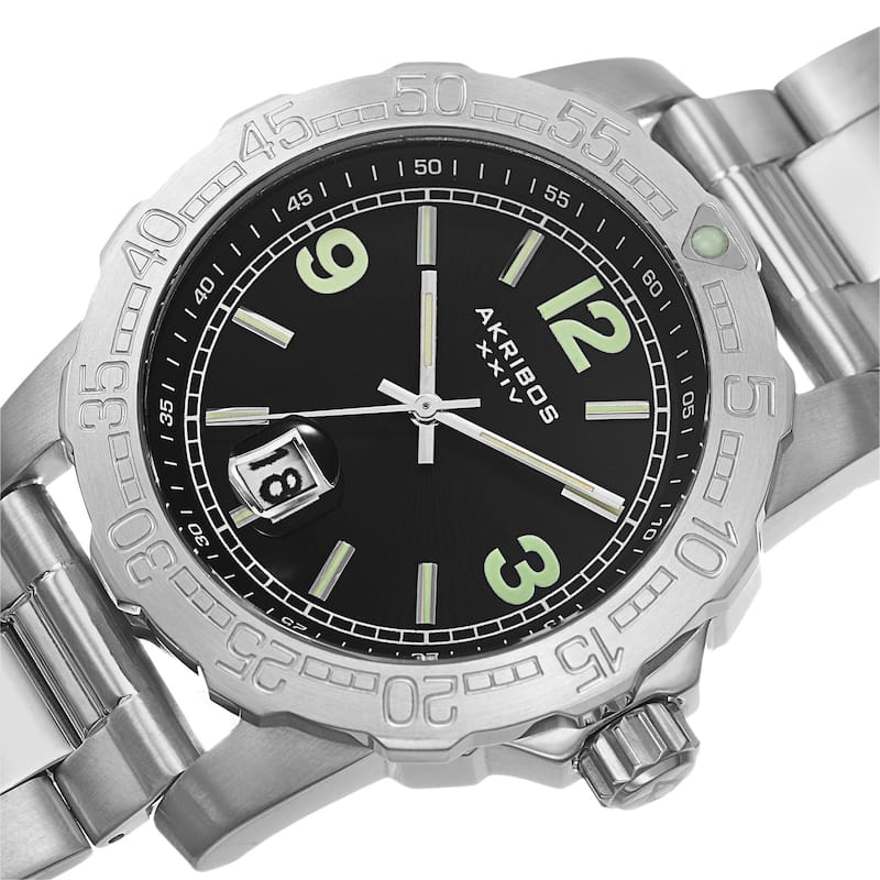 Akribos XXIV Men's Date Luminescent Stainless Steel Silver-Tone Bracelet Watch