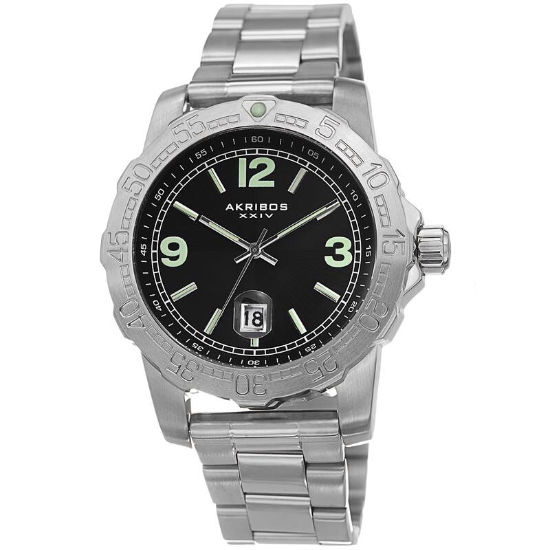 Akribos XXIV Men's Date Luminescent Stainless Steel Silver-Tone Bracelet Watch