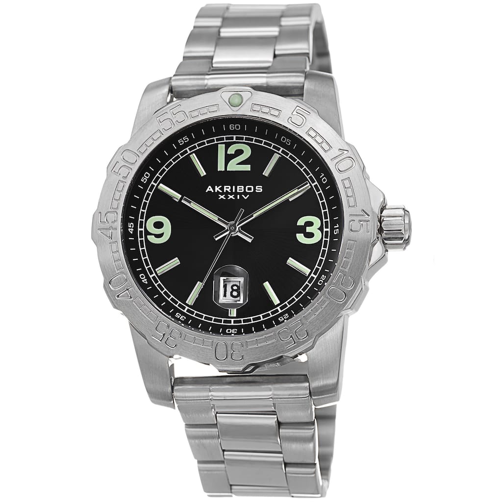 Akribos XXIV Men's Date Luminescent Stainless Steel Silver-Tone Bracelet Watch
