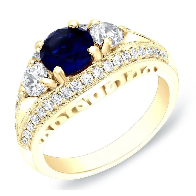 Auriya 14k Gold 1ct Vintage Sapphire 3-Stone Diamond Engagement Ring 1/2ctw Split-Shank
