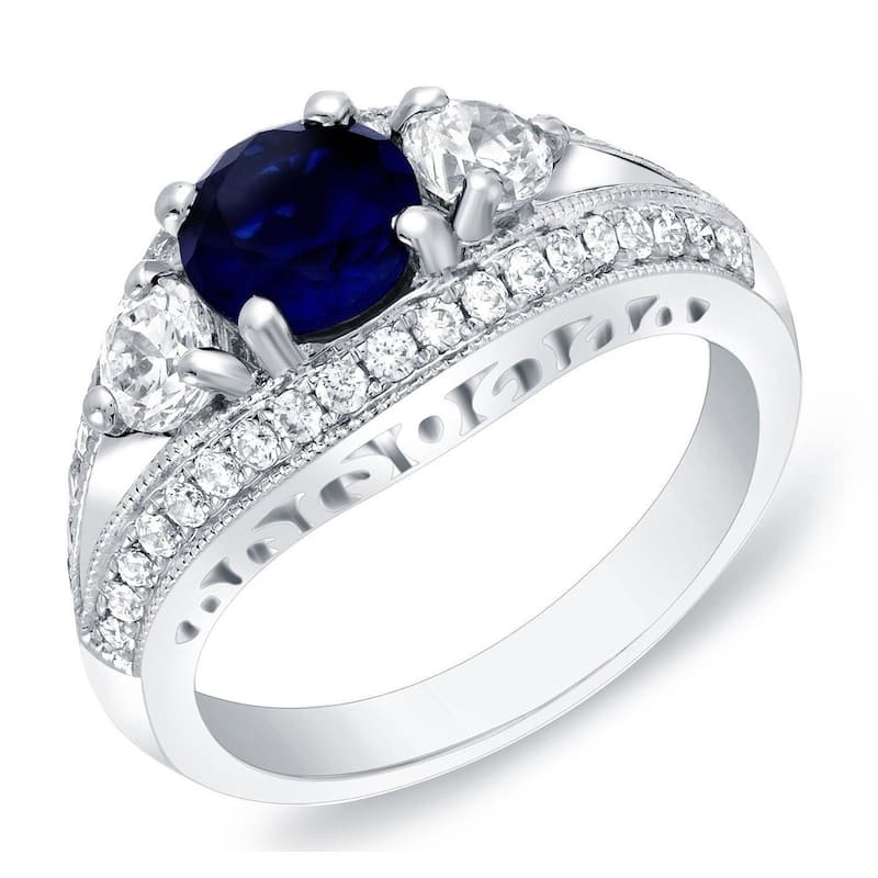 Auriya 14k Gold 1ct Vintage Sapphire 3-Stone Diamond Engagement Ring 1/2ctw Split-Shank